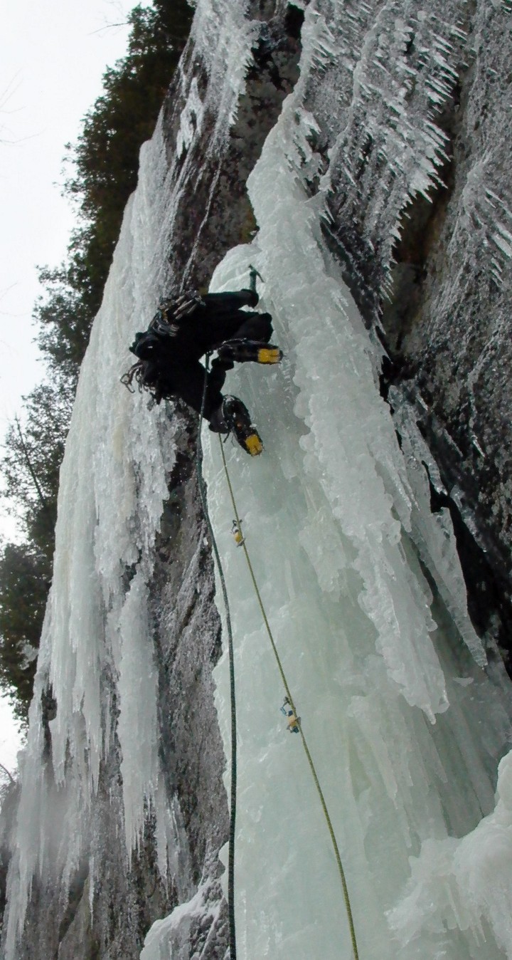 Climbing the initial steep pillar on Buford; this pillar is shared between Bubba, Buford, and Ice Storm