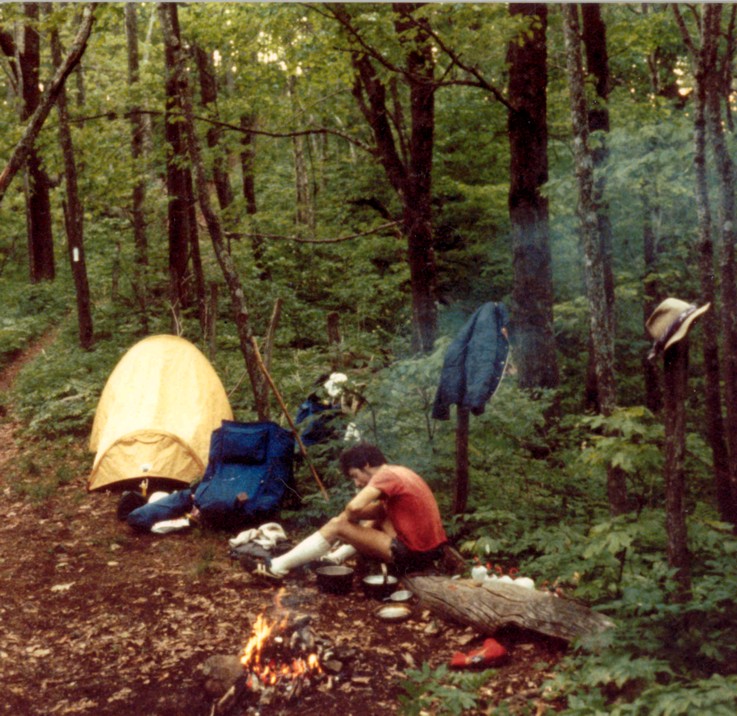 Tracy at camp somewhere in Tennessee; by this time, we ditched the bivys in place of a prototype Early Winters single-wall Gortex tent