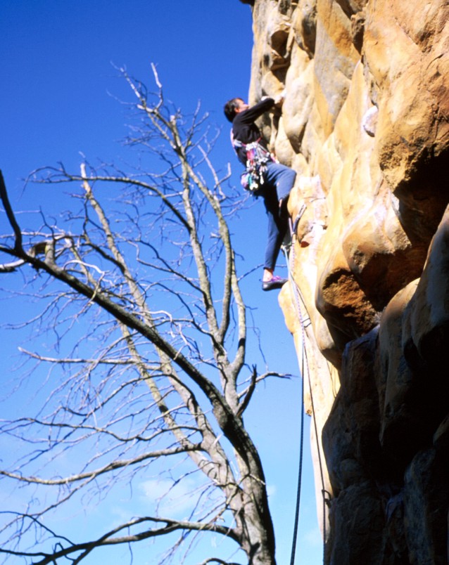 Jim at the crux of Chinese Algebra, one of the hardest routes we did at Arapiles