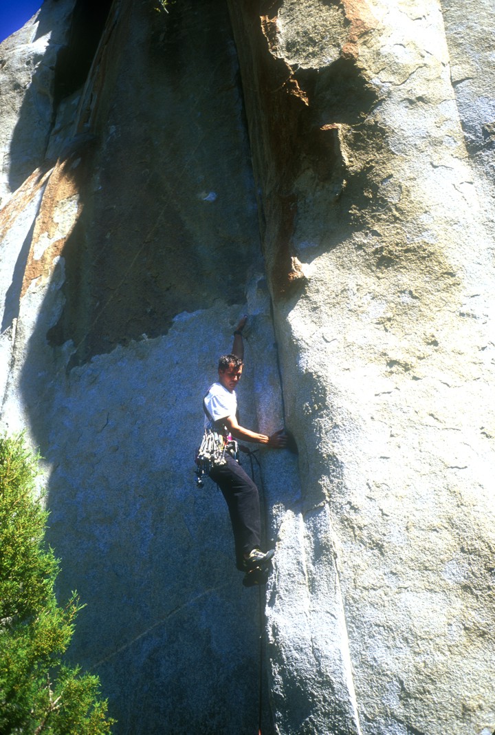 Jim grabs the better holds at the start of the route; the technical crux lies above