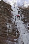 Climbing the Banana, the ice route high and right of Main Flow; this is perhaps the first ascent in 7 years of this route