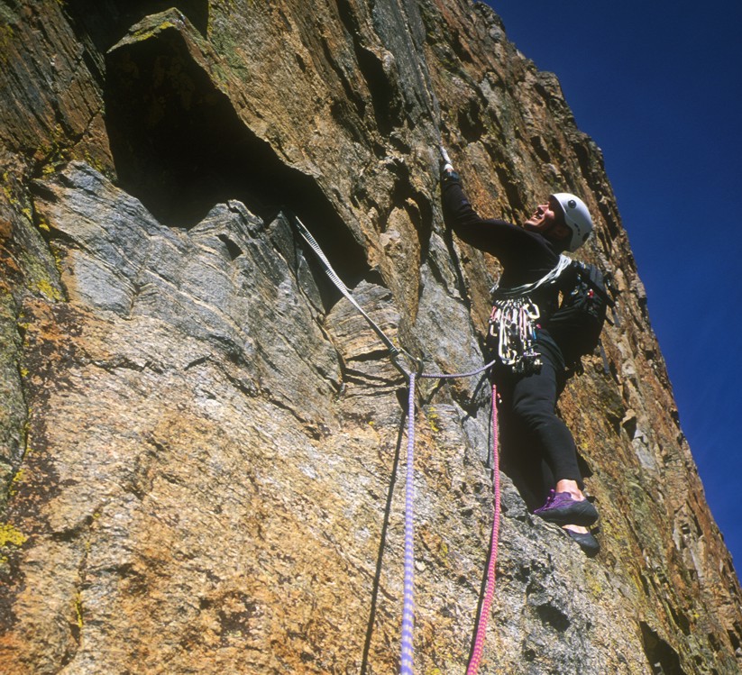 Climbing the 8th pitch, which is actually on the east side of the pinnacle