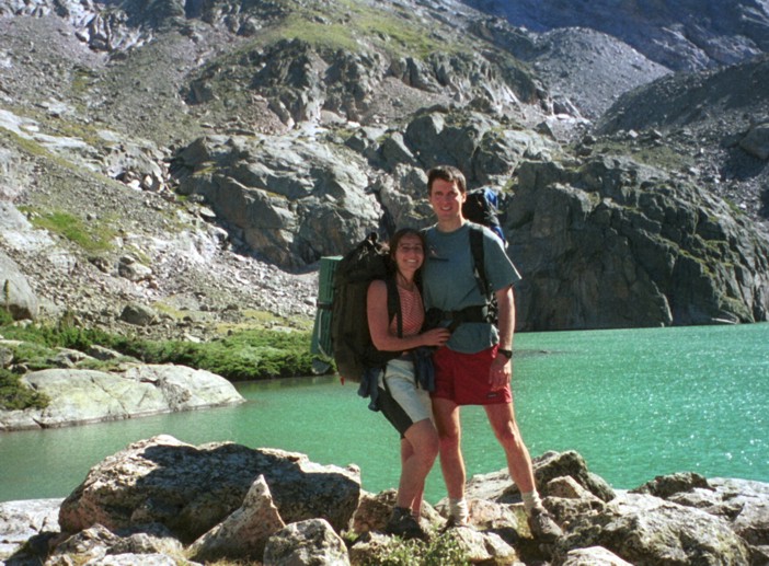 Lucie and Jim posed in front of Sky Pond; our bivy was just off the right edge of the photo on the far end of the pond