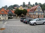 The main square of Hohnstein; Bernd Arnold's sports shop is on the right