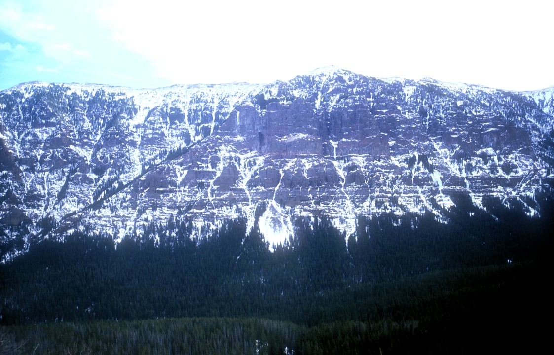 The main fork of Hyalite Canyon; Winter Dance is the spear of ice on the rock face centered in the photo